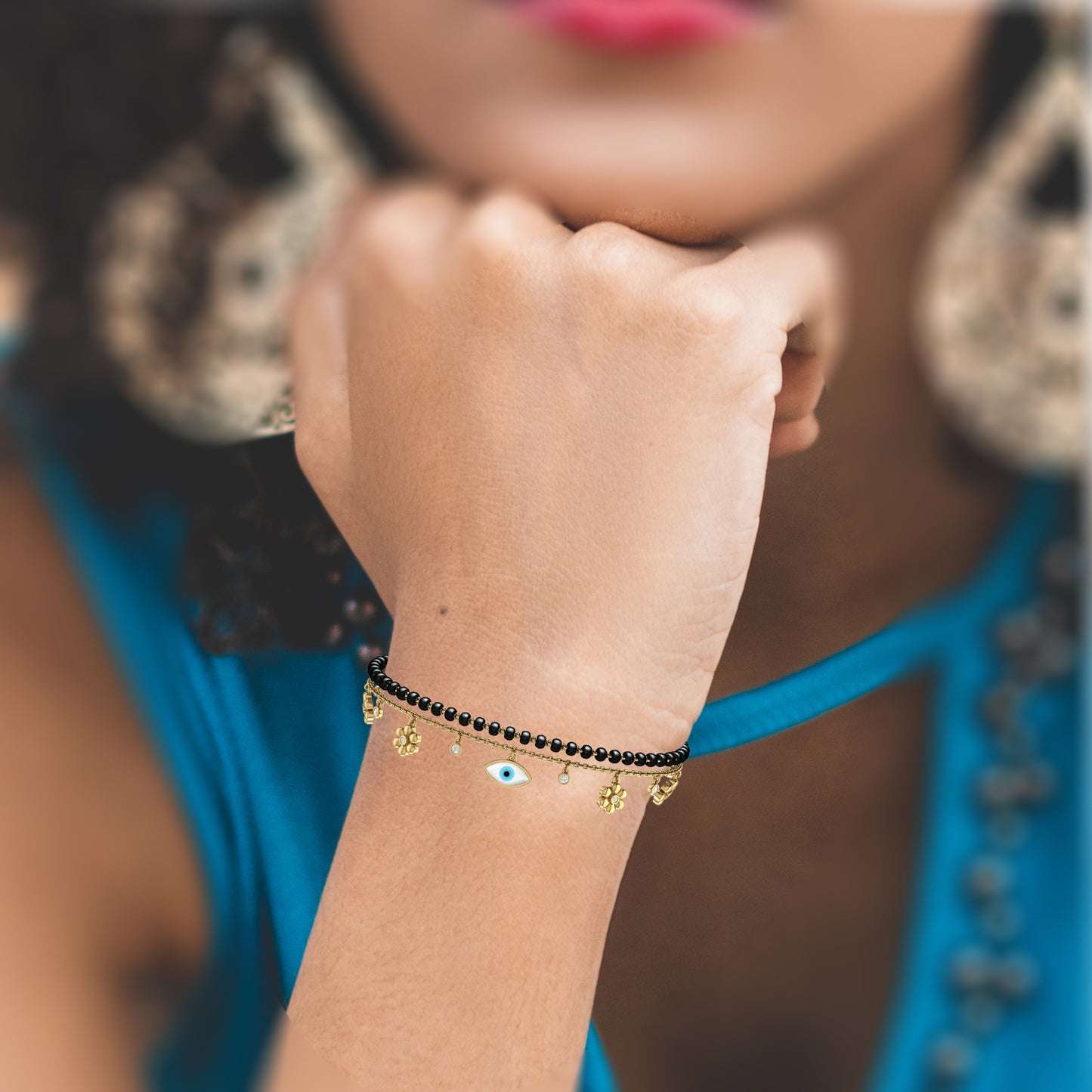 Evil Eye and Flower Charm Mangalsutra Bracelet