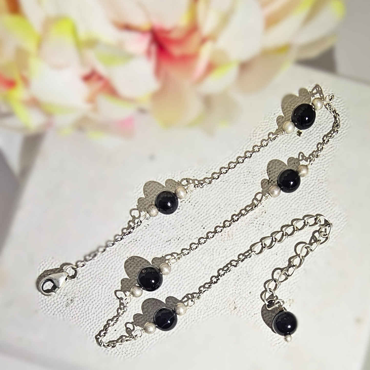 Black Onyx Anklet in Oxidised 925 Silver