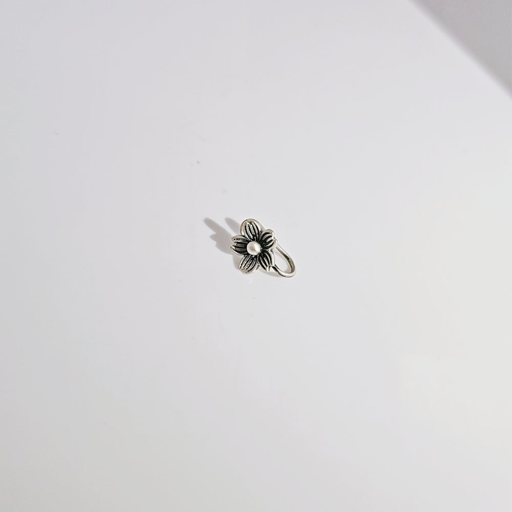 Textured Flower Nose Pin in Oxidised 925 Silver