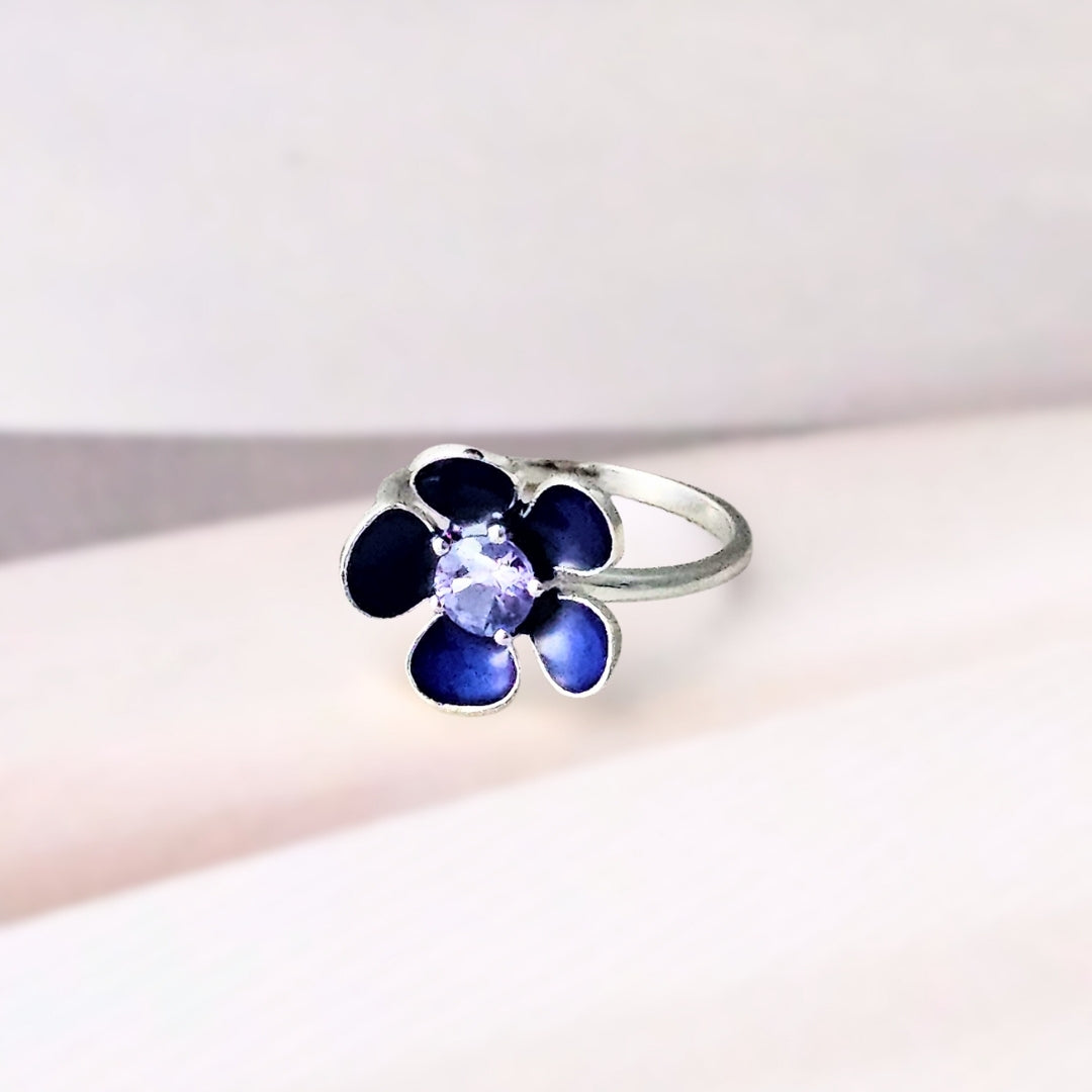 Silver Enamel Flower Ring with Tanzanite