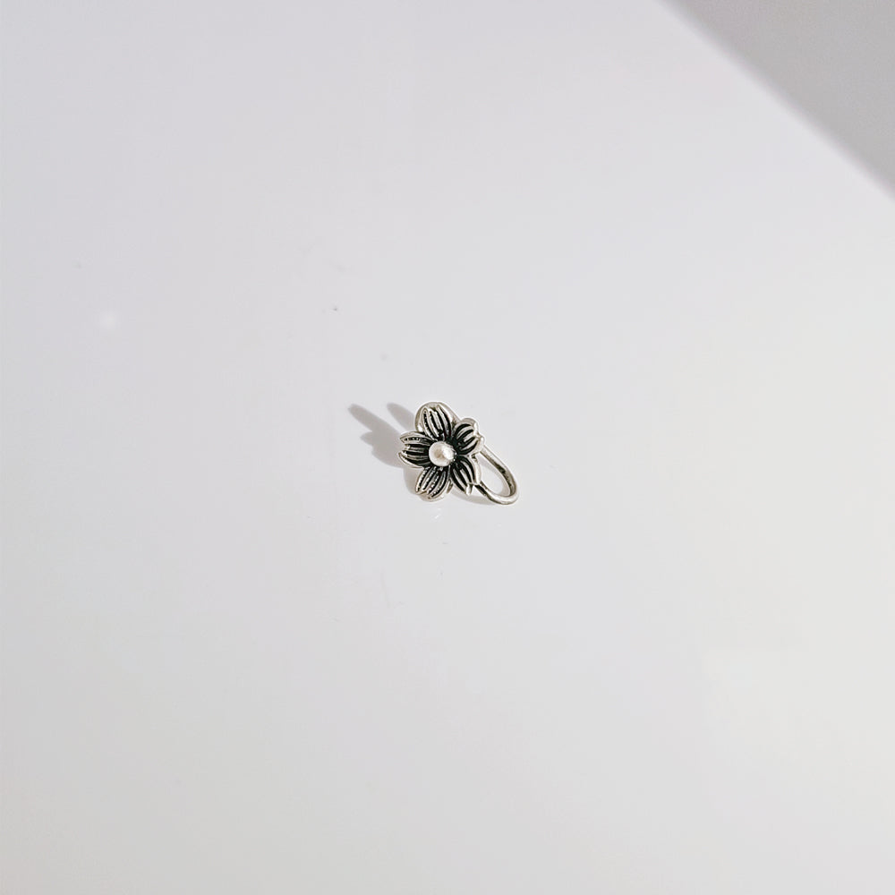 Textured Flower Nose Pin in Oxidised 925 Silver