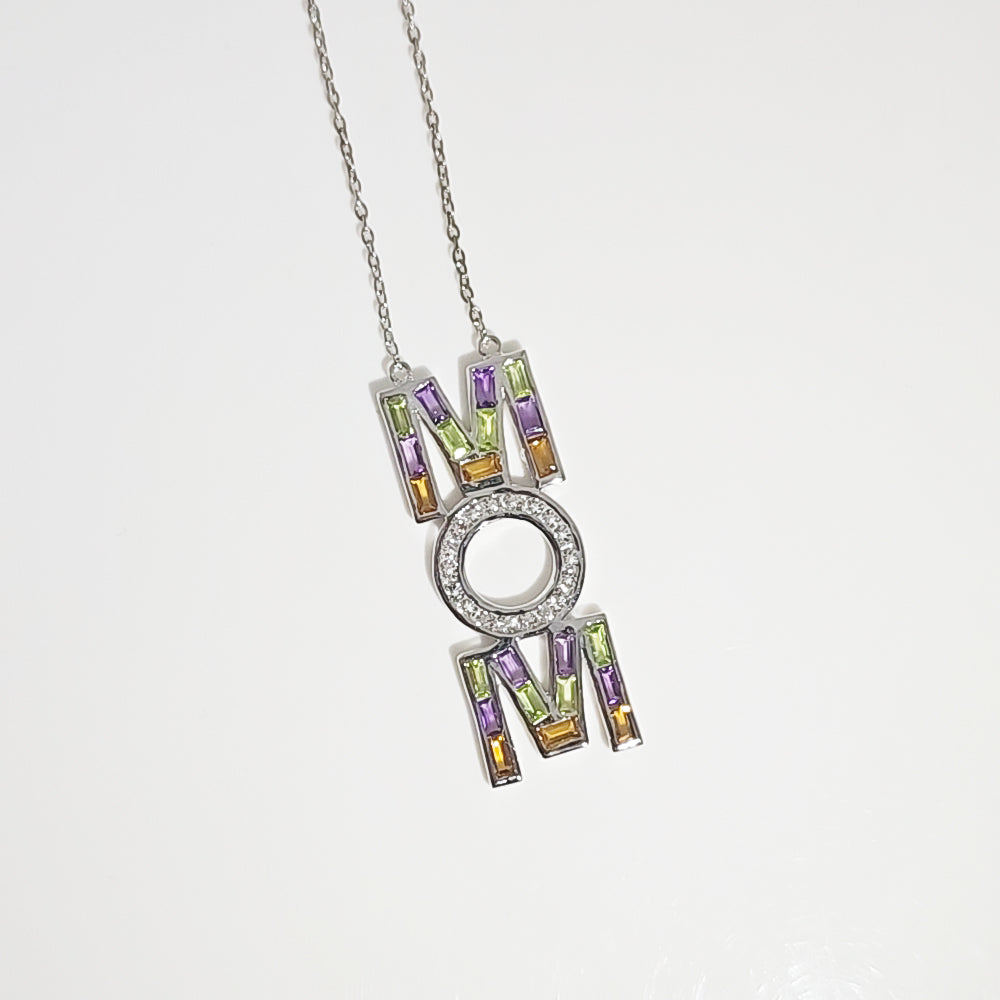 Mom Multi Gemstone Necklace in Sterling Silver