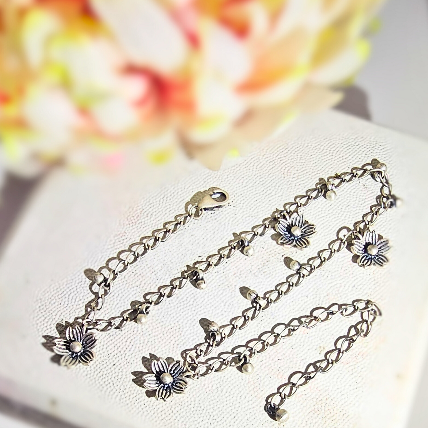 Oxidised Flower Anklet in 925 Silver