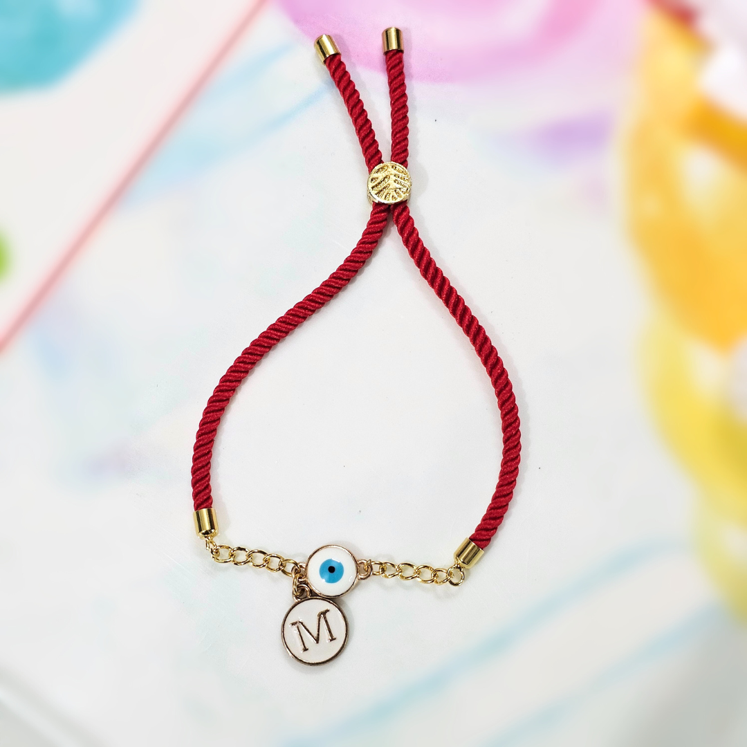 Initials Evil Eye Charm Slider Bracelet