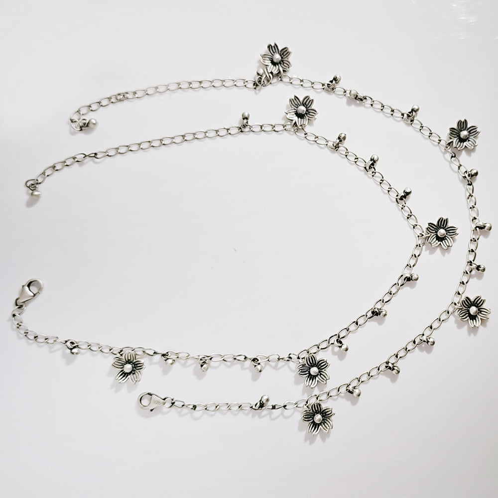 Oxidised Flower Anklet in 925 Silver