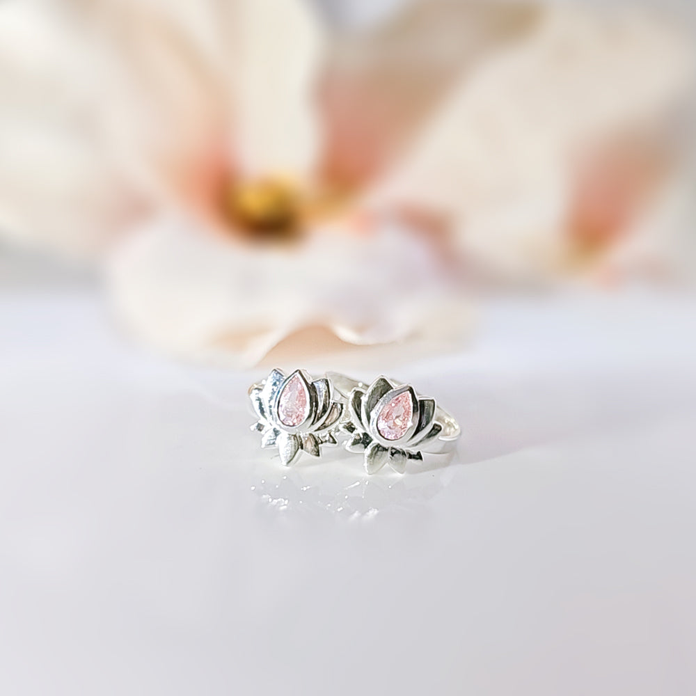 Lotus Toe Ring Studded with Pink Zircon in 925 Silver