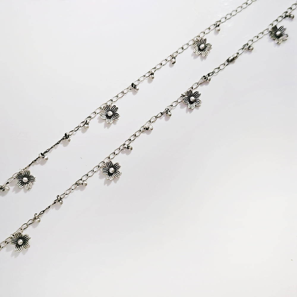 Oxidised Flower Anklet in 925 Silver