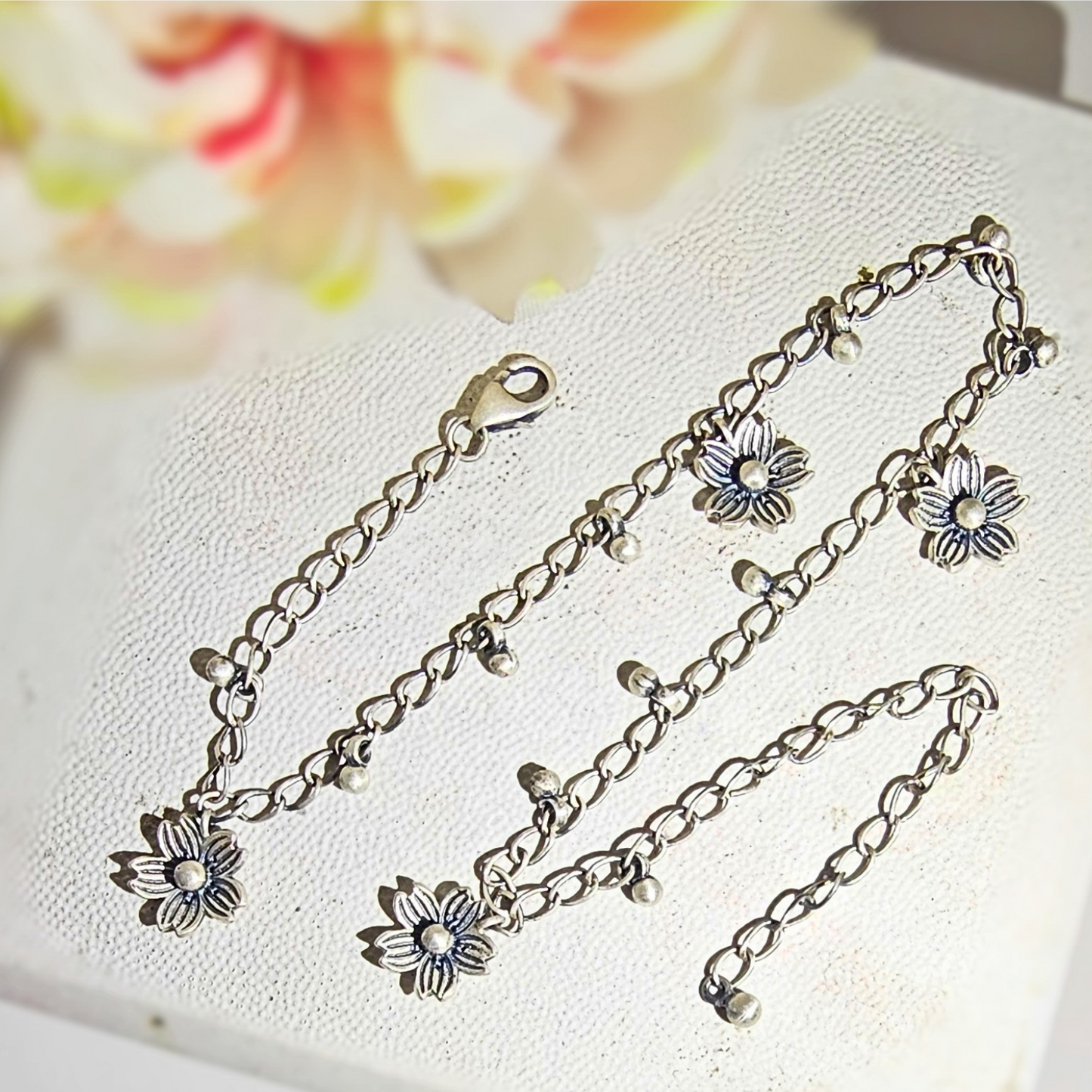 Oxidised Flower Anklet in 925 Silver