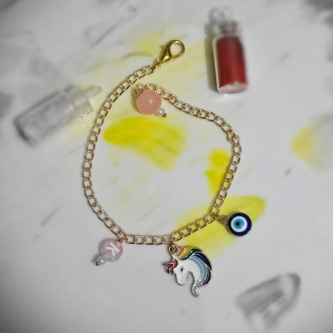 Personalized Charm Bracelet with Unicorn Evil Eye