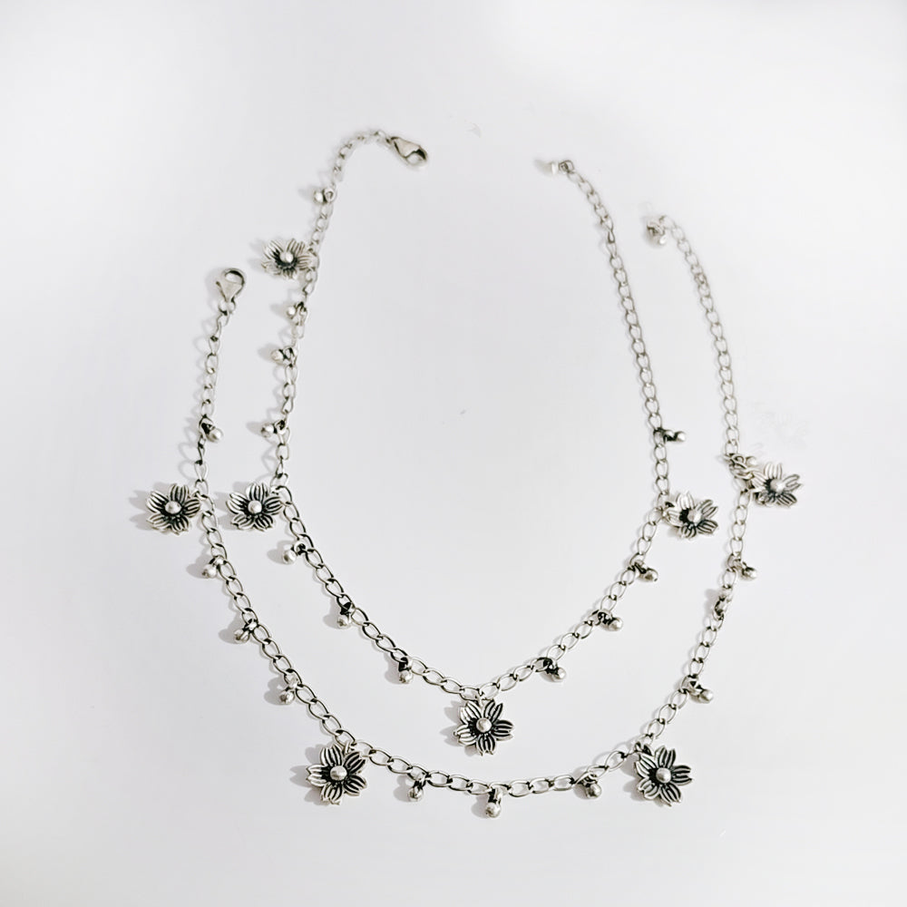 Oxidised Flower Anklet in 925 Silver