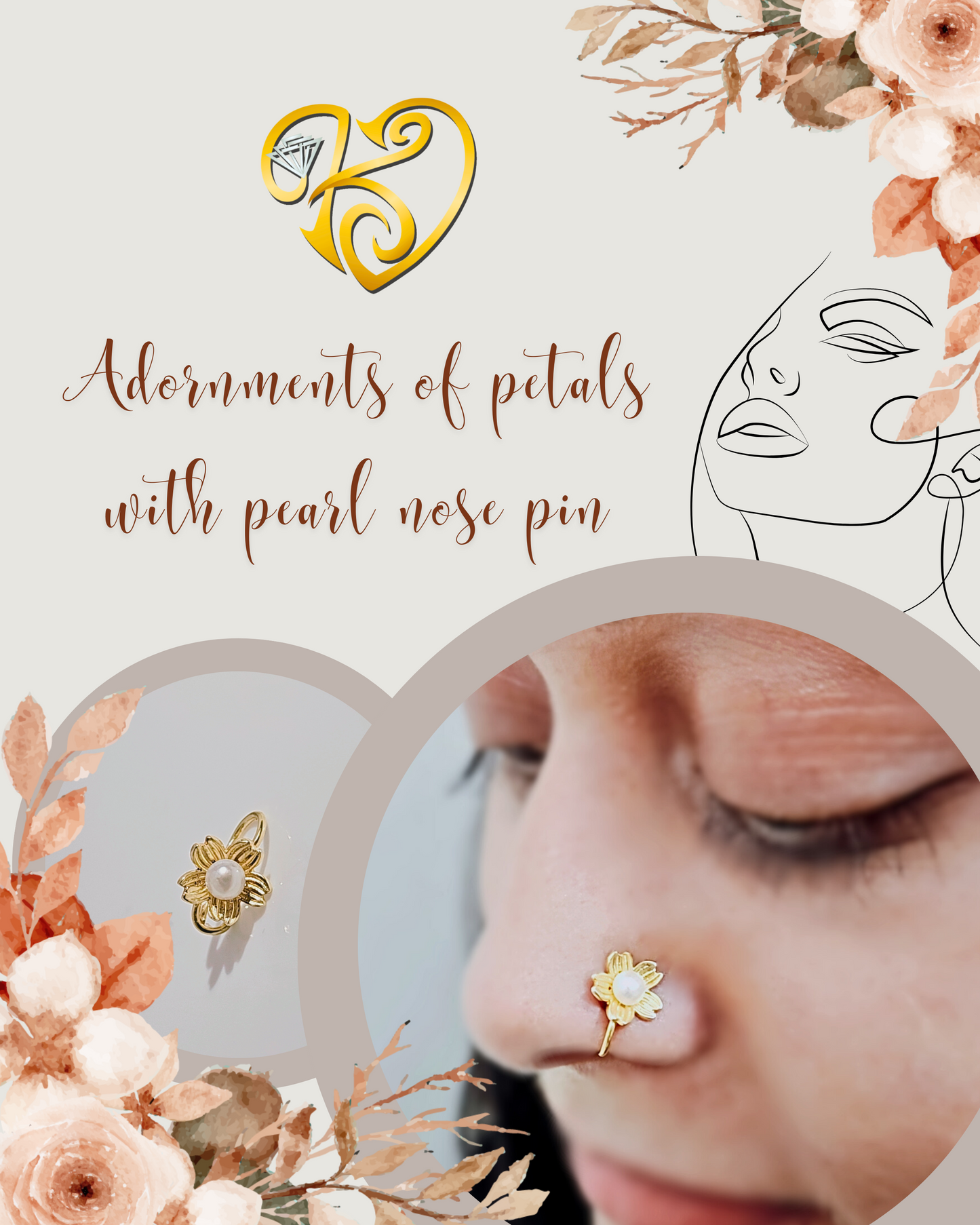 Petals with Pearl No Piercing Nose Pin in Yellow Plated 925 Silver