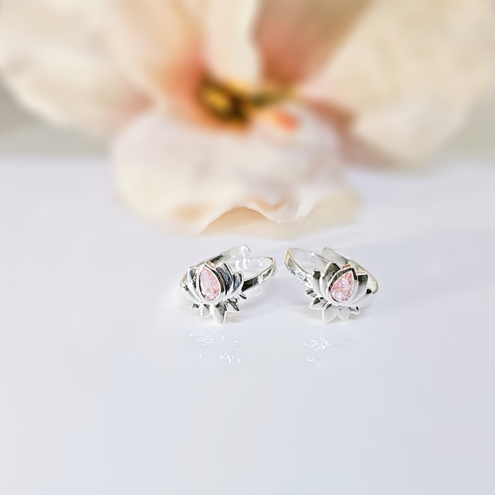 Lotus Toe Ring Studded with Pink Zircon in 925 Silver