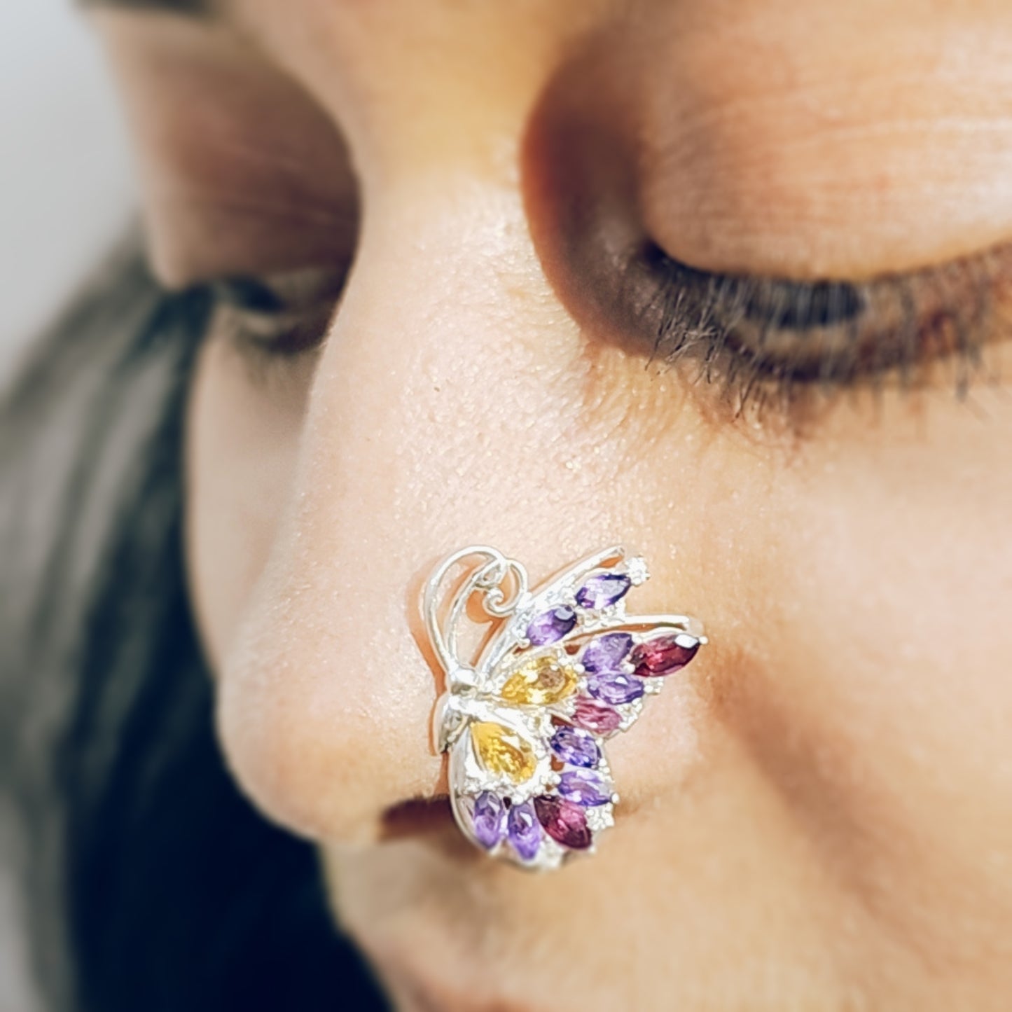 Multi Gemstone No Piercing Butterfly Nose Pin in 925 Silver