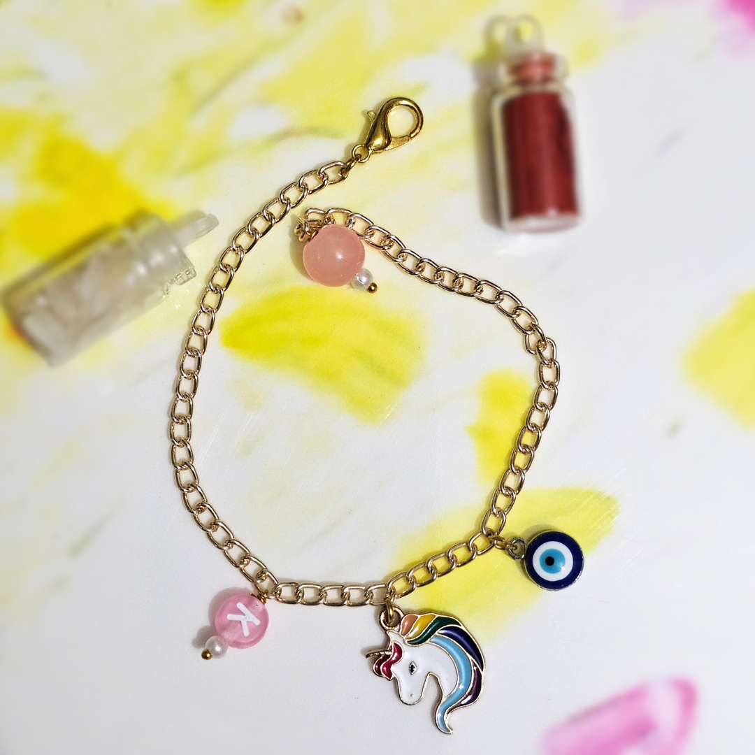 Personalized Charm Bracelet with Unicorn Evil Eye