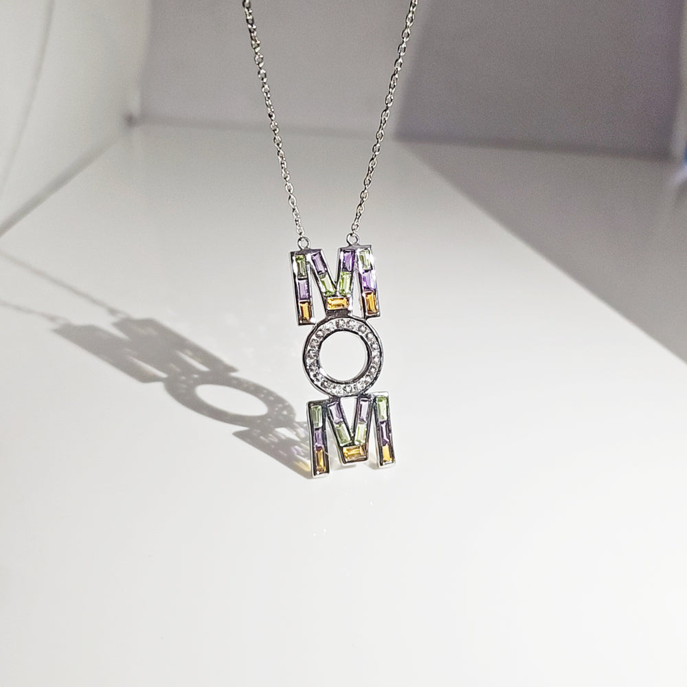 Mom Multi Gemstone Necklace in Sterling Silver