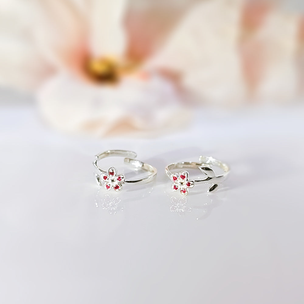 Tiny Flower Toe Ring studded with Red Zircon in 925 Silver
