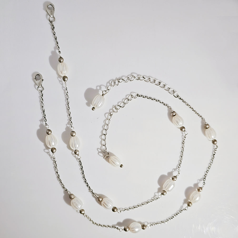 Carved Pearl Anklet in 925 Silver