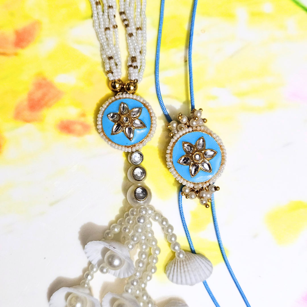 Kundan Enamel Pearl Couple Rakhi