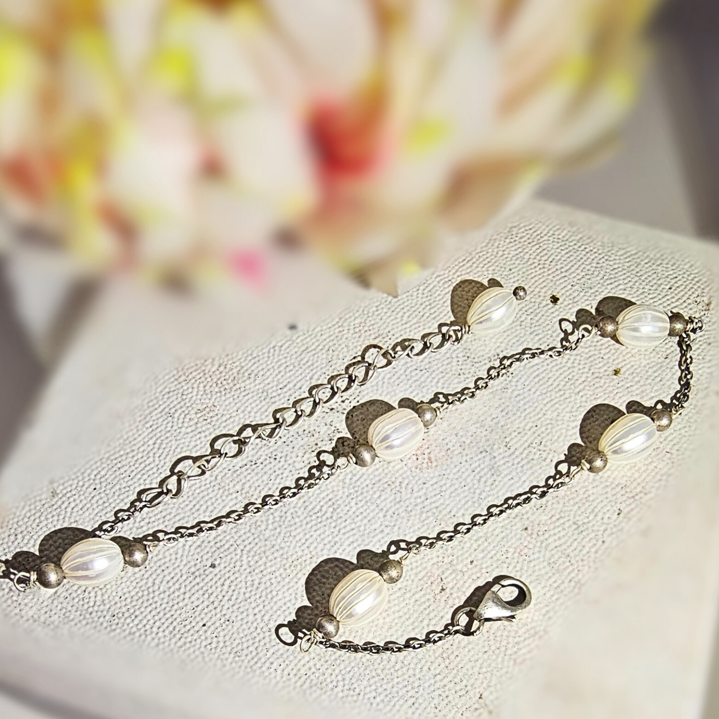 Carved Pearl Anklet in 925 Silver