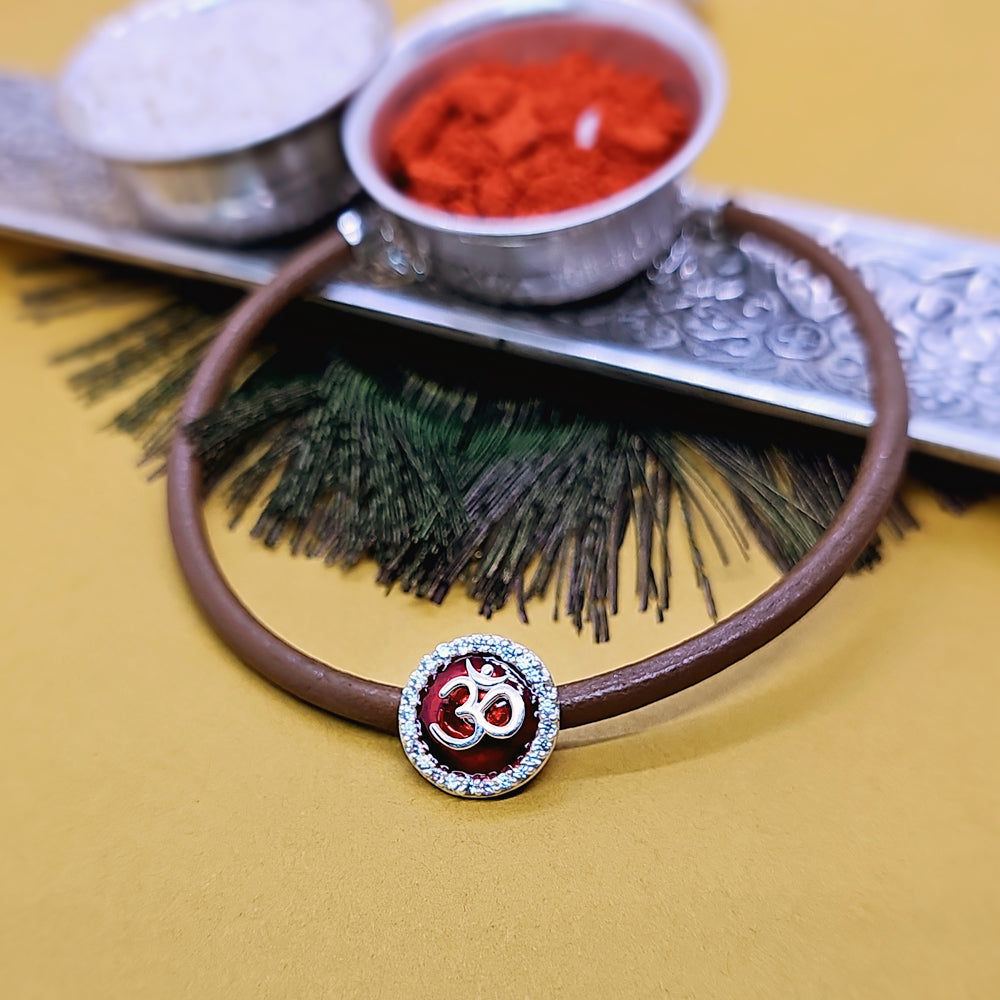 Om Enamel and CZ Leather Silver Rakhi Bracelet