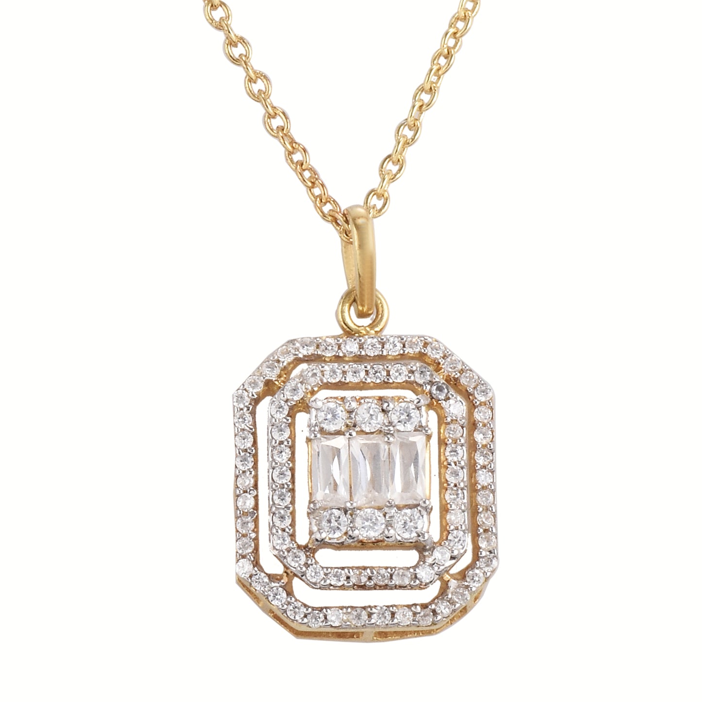 Glittering Octagon Zircons Studded Pendant with Chain in Gold Plated 925 Silver