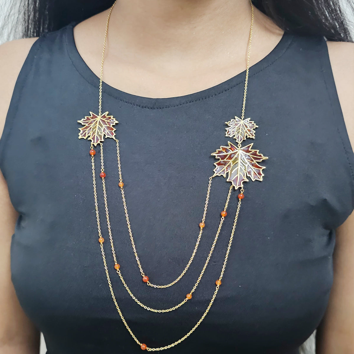 Layered Necklace with Maple Leaves and Carnelian Beads