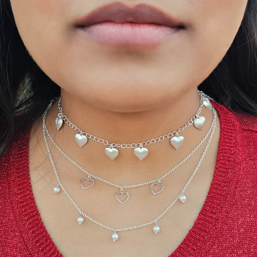 Hanging Hearts Choker Necklace in 925 Silver