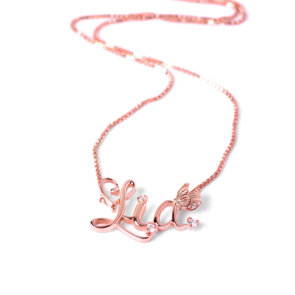 Personalised Rose Gold Flying Butterfly Name Pendant