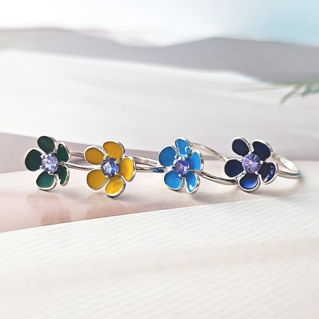 Silver Enamel Flower Ring with Tanzanite