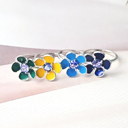 Silver Enamel Flower Ring with Tanzanite