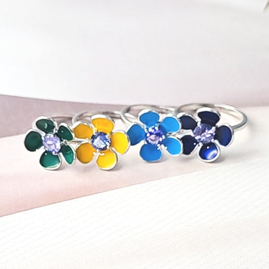 Silver Enamel Flower Ring with Tanzanite