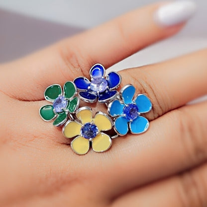 Silver Enamel Flower Ring with Tanzanite