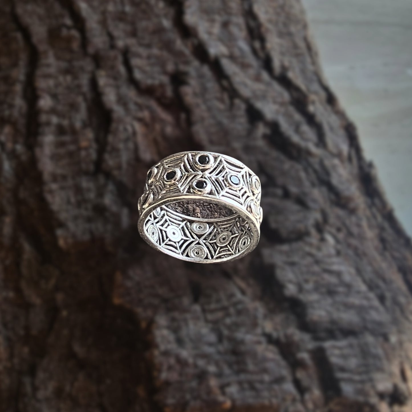 Sterling Silver Geometric Band Ring with Black Onyx