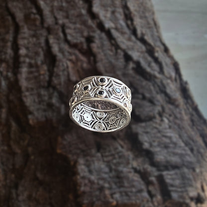 Sterling Silver Geometric Band Ring with Black Onyx