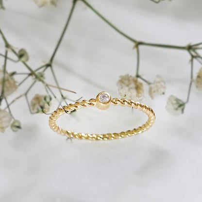 Minimal Twisted Gold-Plated Silver Ring with Diamond