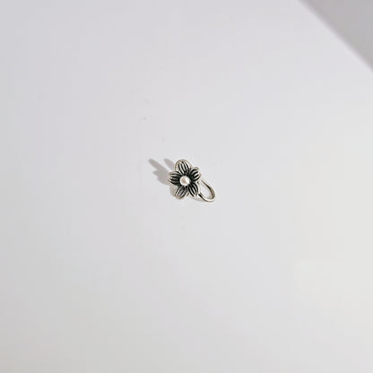 Textured Flower Nose Pin in Oxidised 925 Silver