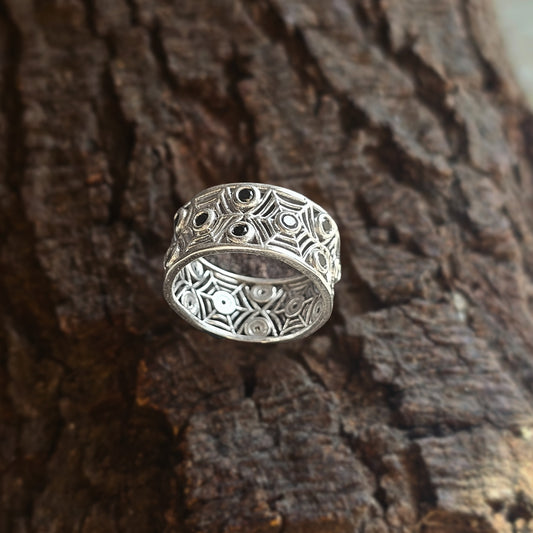 Sterling Silver Geometric Band Ring with Black Onyx