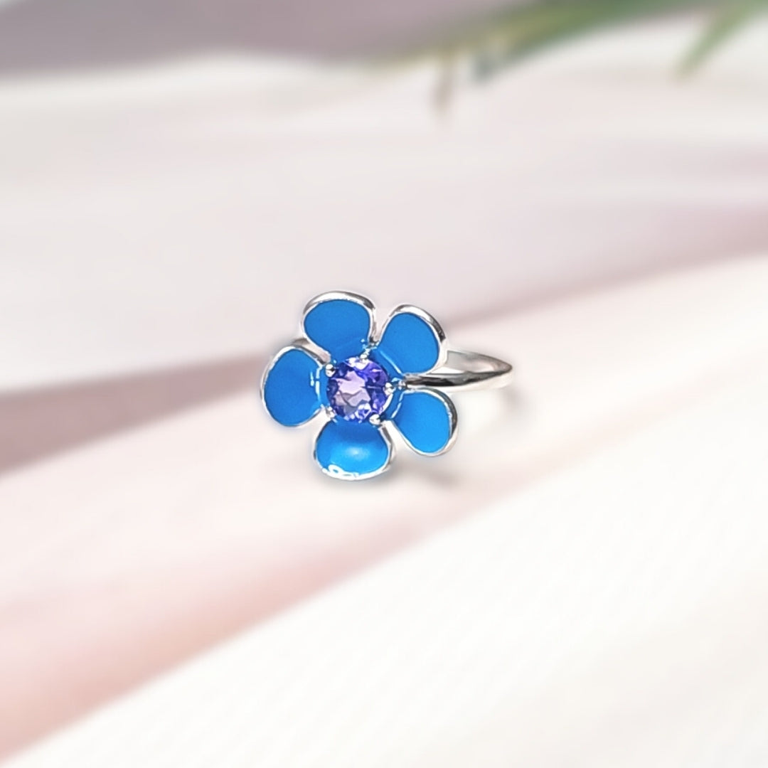 Silver Enamel Flower Ring with Tanzanite