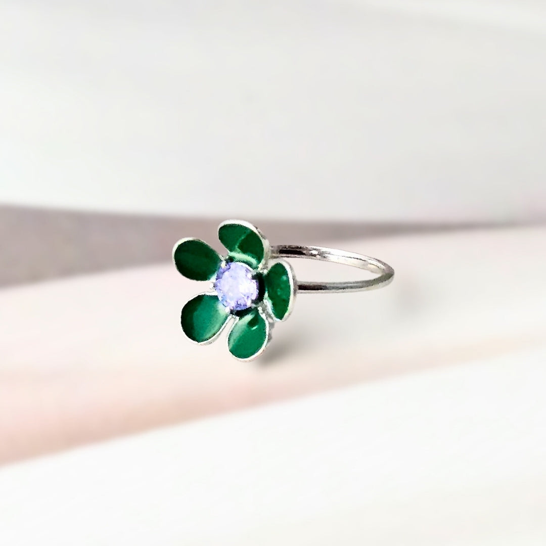 Silver Enamel Flower Ring with Tanzanite