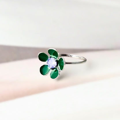 Silver Enamel Flower Ring with Tanzanite