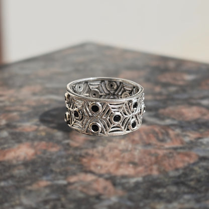 Sterling Silver Geometric Band Ring with Black Onyx