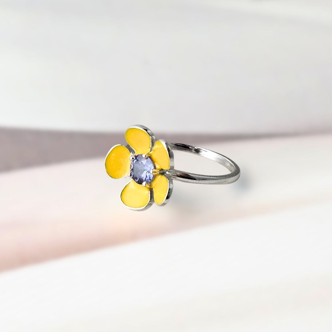 Silver Enamel Flower Ring with Tanzanite