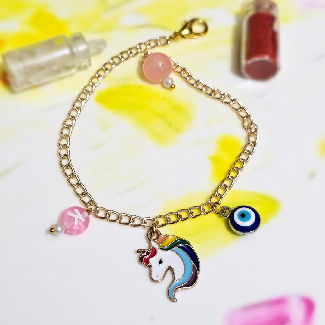 Personalized Charm Bracelet with Unicorn Evil Eye