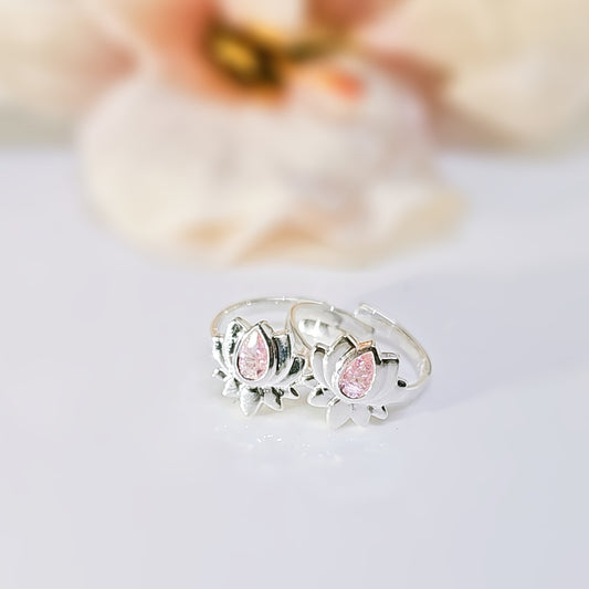 Lotus Toe Ring Studded with Pink Zircon  in 925 Silver