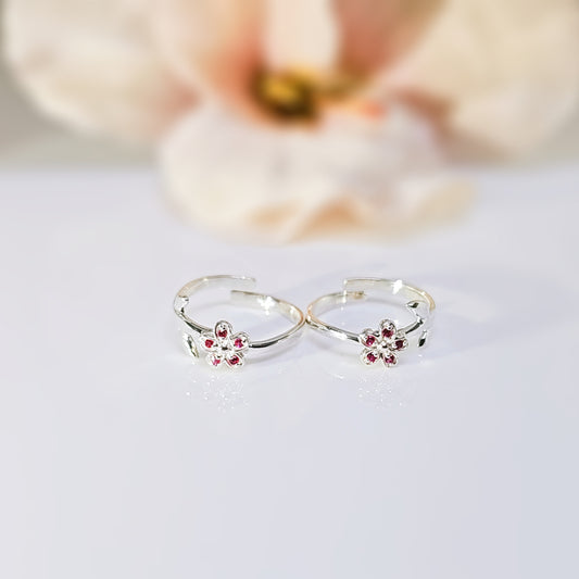 Tiny Flower Toe Ring studded with Red Zircon in 925 Silver