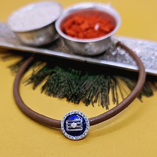 Shiva Enamel Zircon Leather Silver Bracelet Rakhi
