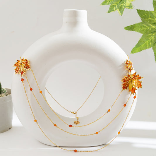 Layered Necklace with Maple Leaves and Carnelian Beads