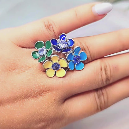 Silver Enamel Flower Ring with Tanzanite