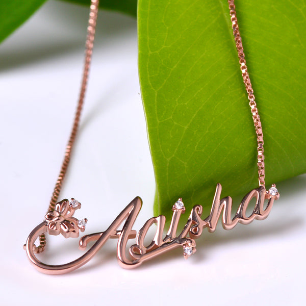 Personalised Rose Gold Tiny Butterfly Name Pendant