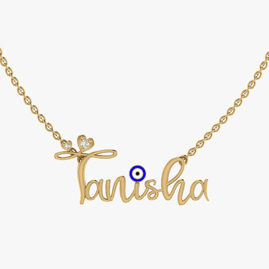 Personalised Yellow Gold Hearty Evil Eye Name Pendant